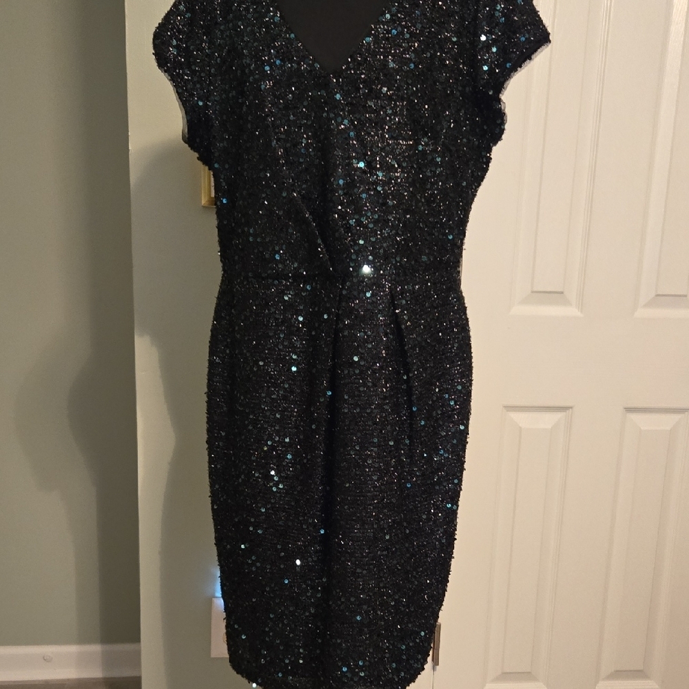 Black Sequin Ruched Mini Dress with V-Neck